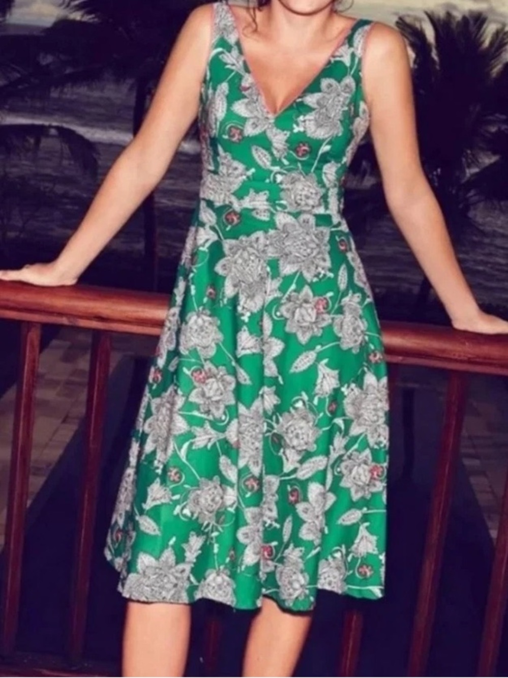 Boden Nancy Fit & Flare Midi Dress Green Floral White Pink Trim Sz: 8P